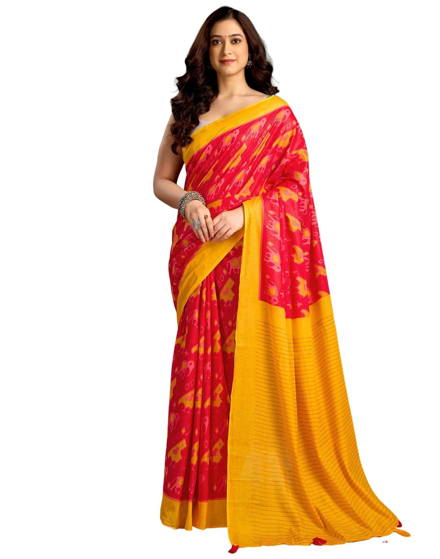 SIRIL Women's Cotton Printed Saree with Unstitched blouse Piece (4313S105_Red & Yellow)