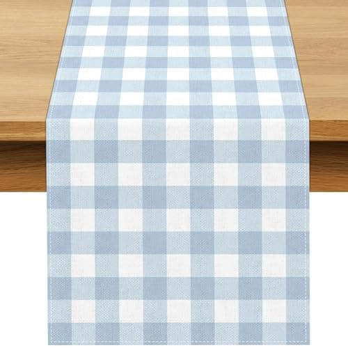 Buxiuer Dusty Blue Gingham Table Runner Light Blue Checkered Boy Girl Baby Shower Birthday Party Decoration Home Dining Kitchen Island Decor (13" x 90")
