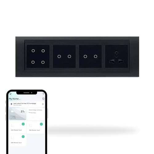 Aziot 8 Module Switch Board Plate | Smart 4 Touch, Two 2 Touch SW & 1 Socket | WiFi & BLE | Google, Alexa & Siri Control (Black)
