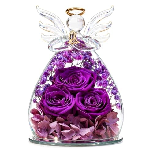 Beferr Birthday Gifts for Women Mom Fresh Flowers for Delivery Prime Forever Preserved Rose in Glass Angel Figurine for Grandma Wife Sister Her Friends Daughter, Purple