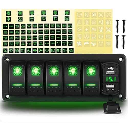 GOOACC 5 Gang Rocker Switch Panel Green Backlit with 48 Amp Dual USB Charger Voltmeter Waterproof 12V 24V DC Rocker Switch with Night Glow Stickers for Car Trucks Boats RVs