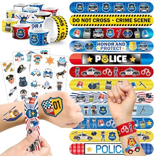 60 PCS Police Party Favors Set 36 Temporary Tattoos Sticker 24 Slap Bracelets for Kids Perfect for Birthday Parties Classroom Rewards and Gifts