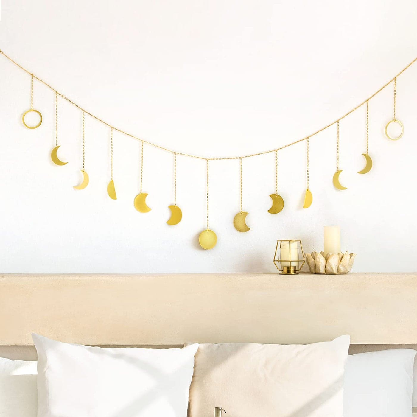 Mkono Moon Phase Wall Hanging Boho Aesthetic Room Decor Metal Moons Garland Hanging Art Bohemian Home Decoration for Girls Room Nursery Bedroom Livingroom Dorm Ideal Gold 55