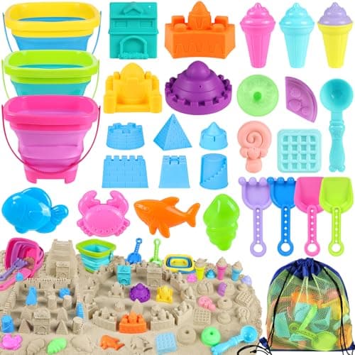Collapsible Beach Toys for Kids Toddlers 3 Foldable Buckets and Shovels Set Sand Castle Building Kit Ice Cream Travel Sand Toys for Sandbox Mesh Bag Beach Essentials for Boys Girls Age 310