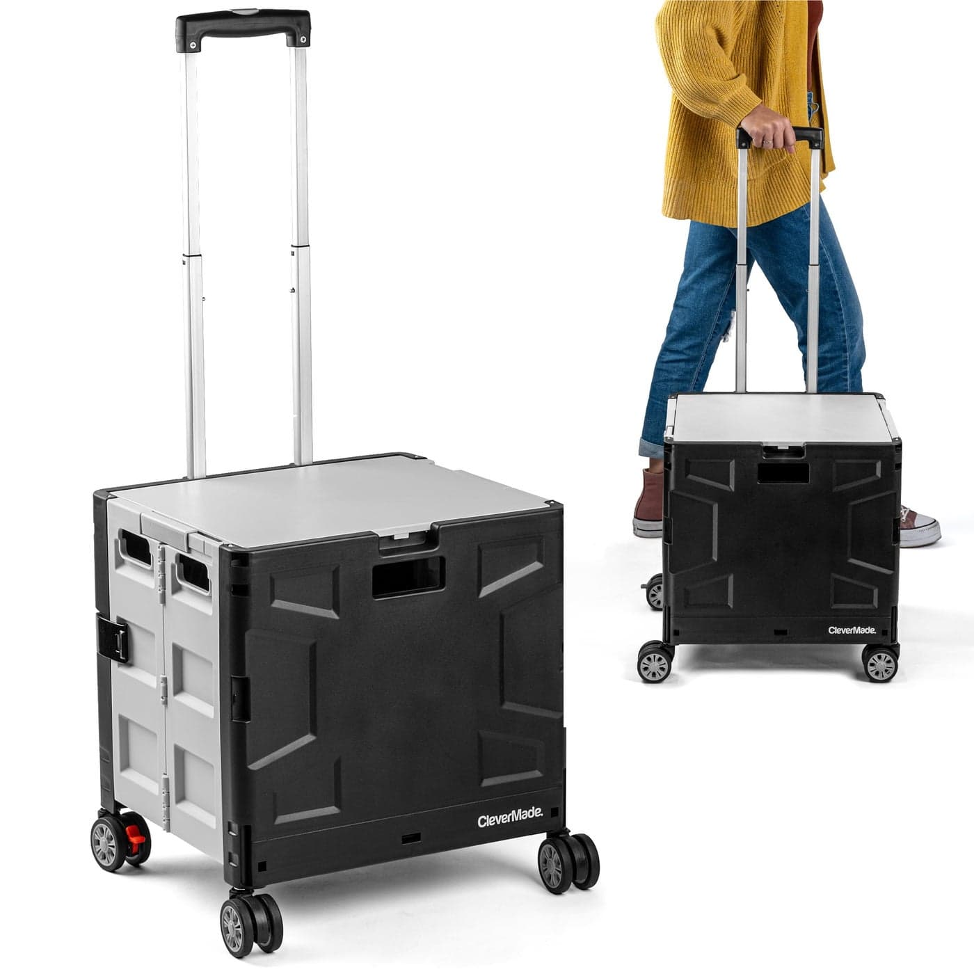 CleverMade Collapsible Wheeled Crate with Lid 4Wheels Swivel and Glide Rolling Crate with Handle and Double Wheels for Easy Transport and Versatile Use 55L and 100lb Capacity Cool Gray
