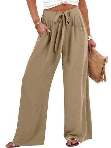 Caracilia Women Wide Leg Palazzo Pants Summer High Waist Flowy Casual Trousers Loose Lounge Beach Travel Vacation Clothes Khaki Large
