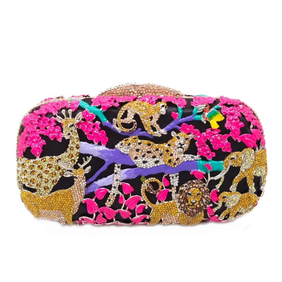 Boutique De FGG Forest Jungle Animal World Crystal Clutch Purse for Women Formal Evening Bags Rhinestone Clutch HandbagMiniPinkGold