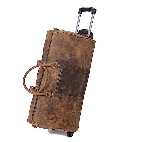 Weekender Leather Duffel Bag for Men Overnight Vintage Travel Duffle with Shoulder Strap Carry On Sports Gym 24 Inch Leather Luggage Carryall Cool Gifts for Him by Cureo