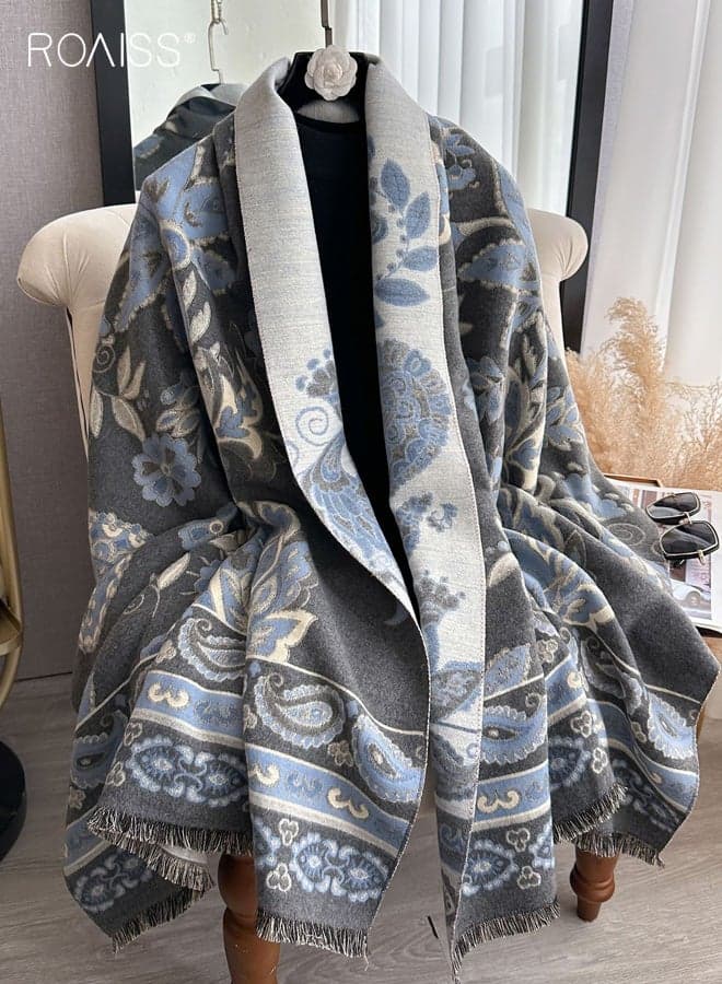Women's Fringe Shawl, Reversible Bluebird Vintage Pattern Neckwarmer, Thickened Polyester Warm Scarf—Essential Neck-Warming Accessory for Fall/Winter Air-Conditioned Rooms