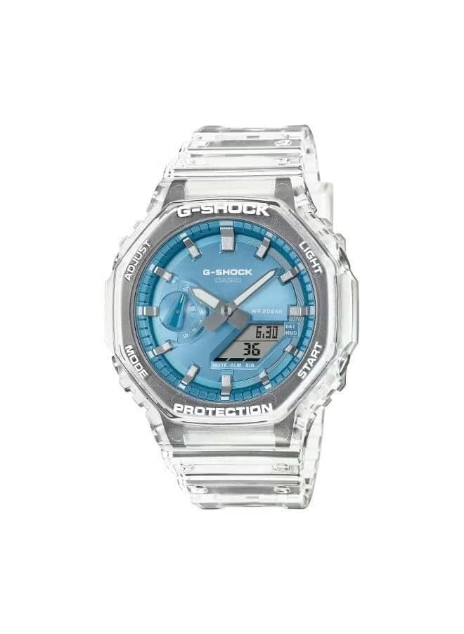 G-Shock GA-2100BM-7A2DR Men's Watch – Analog-Digital, Carbon Core Guard, White Bezel, Blue Dial, Translucent Band, Shock Resistant, 200M Water Resistant, Sport Casual Wristwatch