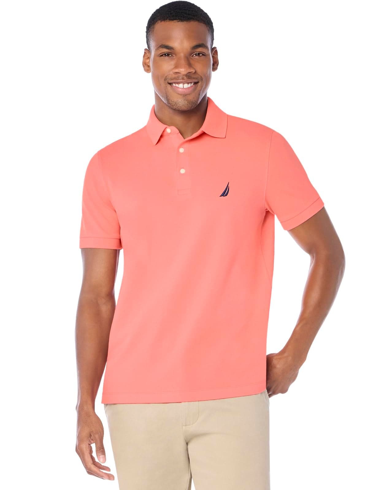 Nautica Men's Short Sleeve Solid Stretch Cotton Pique Polo Shirt Shirt, Pale Coral, Medium