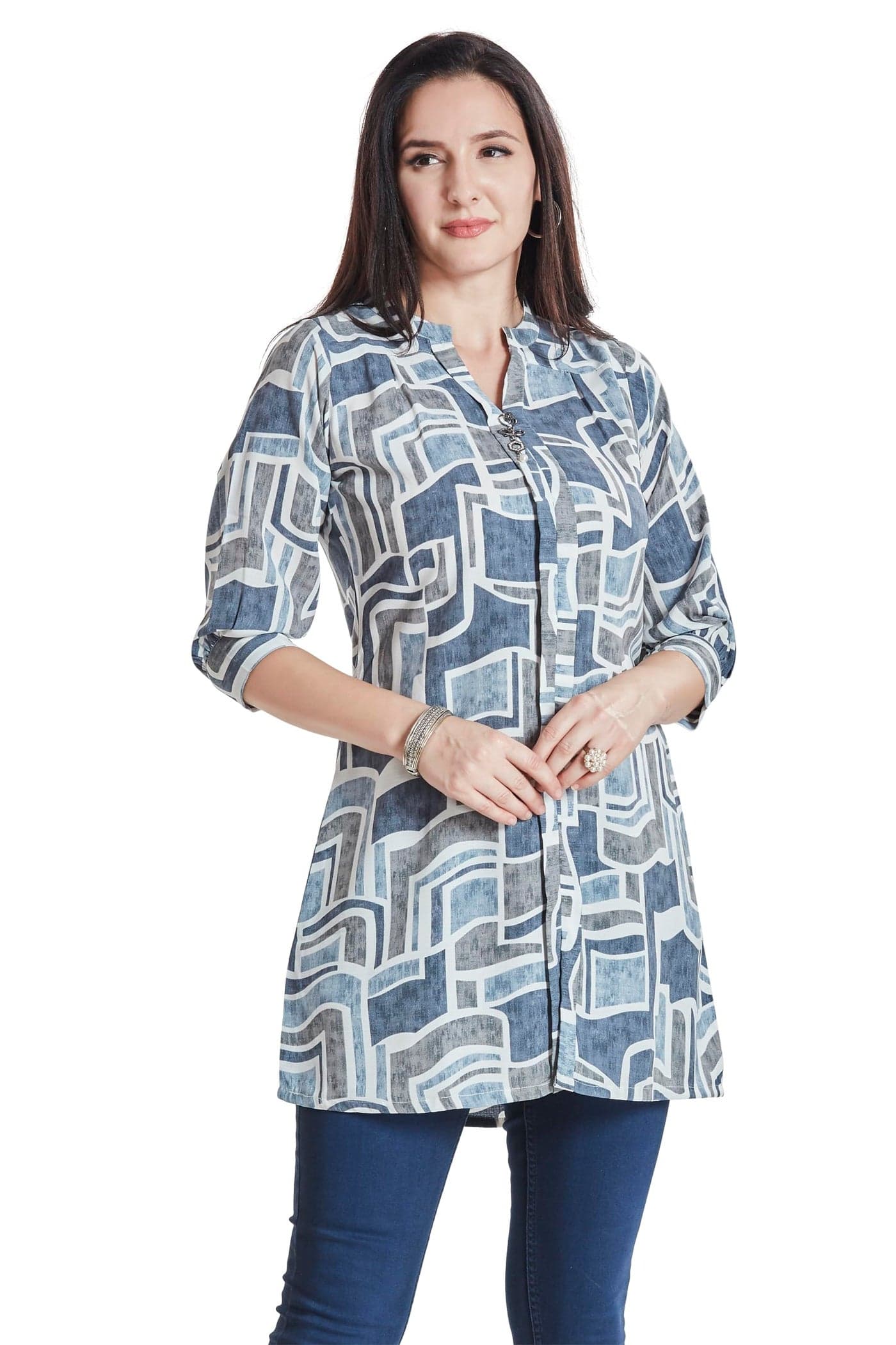 nioni Micro Pleats Tunic, Material- Crepe, V- Neck Collar, ¾ Sleeves, Style-Waist Length, Geometric Abstract Print Kurti/Tunic Casual &Office Wear, Regular Fit Kurtis for Women's &Girls (Grey Blue/L)