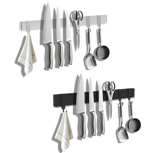 19 Inch Magnetic Knife Holder with Hooks Strong Wall Mount Magnetic Knife Rack for Kitchen Stainless Steel Knife Strip Organizer for Utensils Spoons Forks