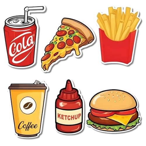 Regalo Casila Fridge Magnet Set of 6, Includes Cold Drink Can, Pizza, French Fries, Coffee Cup, Ketchup Bottle, Burger- Door Decoration, Wardrop Magnets with Eligant Design