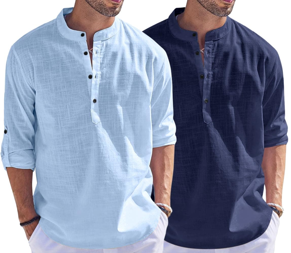 Bellstone Men's Cotton Blend Straight Kurta Shirt Combo with Mandarin Collar - Slim Fit Casual Short Kurti Set Featuring Textured Slub Fabric and Roll-Up Full Sleeves