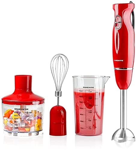 OVENTE Immersion Hand Blender, 300W Electric Handheld Portable Stick Mixer Set with 2 Mixing Speed, Stainless Steel Blades, Egg Whisk Attachment, Mixing Beaker and BPA-Free Food Chopper, Red HS565R
