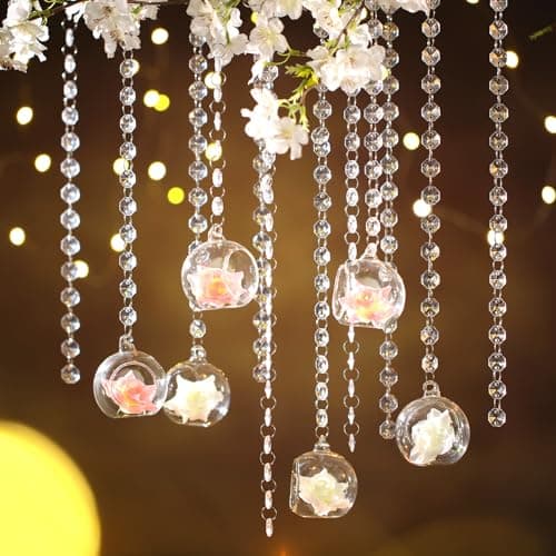 Yoande 24 Sets Hanging Glass Candle Holder Wedding Glass Globe with Acrylic Gems Bead Garland Tea Light Holder Orbs Container for Flower Plants Micro Landscape DIY Xmas Tree Party Decoration 2.36 Inch
