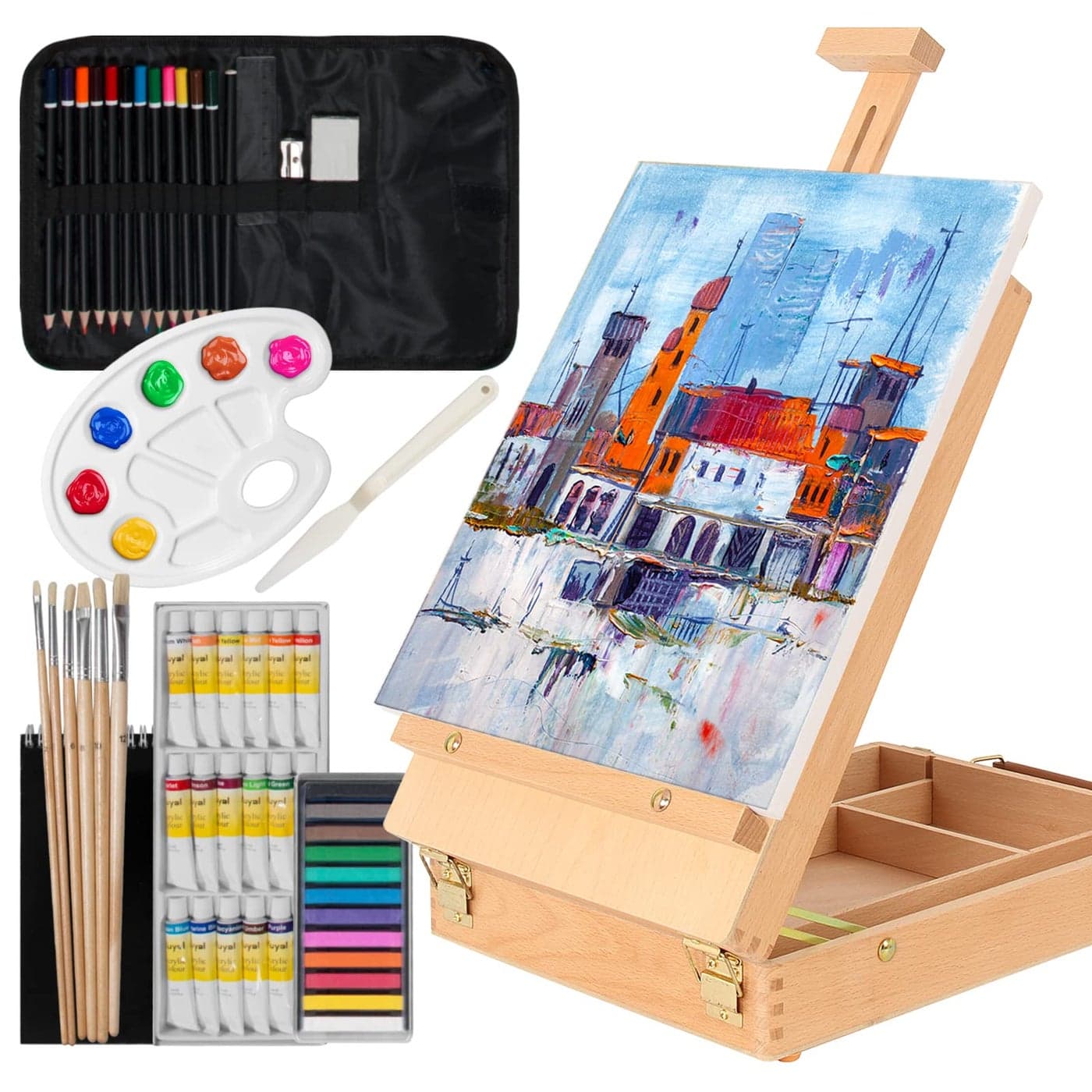 Kuyal Art Kit 45 Piece Wooden Paint Set Crafts Drawing Painting Kit with Box Easel and 18 Acrylic Oil Paint Colors 12 Color Pencil Etc for Teens Adults Artist Beginners Art Supplies