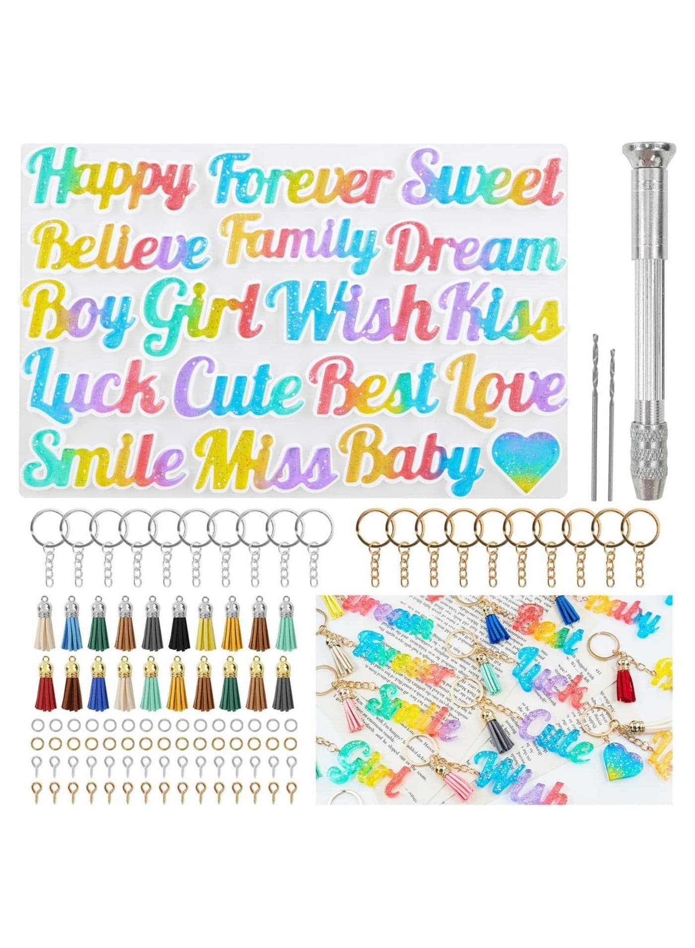 104 Pcs Alphabet Resin Molds Kit, Resin Keychain Molds for Epoxy Resin Molds Keychain with 20 Random Color Tassels 1 Hand Drill 2 Drill Bits 20 Key Rings 30 Screw Pins 30 Metal Rings(Good Vibes)