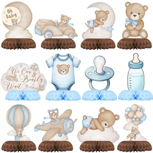 We Can Bearly Wait Baby Shower Decorations - Blue Teddy Bear Honeycomb Decorations and Balloon Bear Decorations