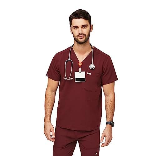 FIGS Chisec Three-Pocket Scrub Top for Men – Burgundy, L