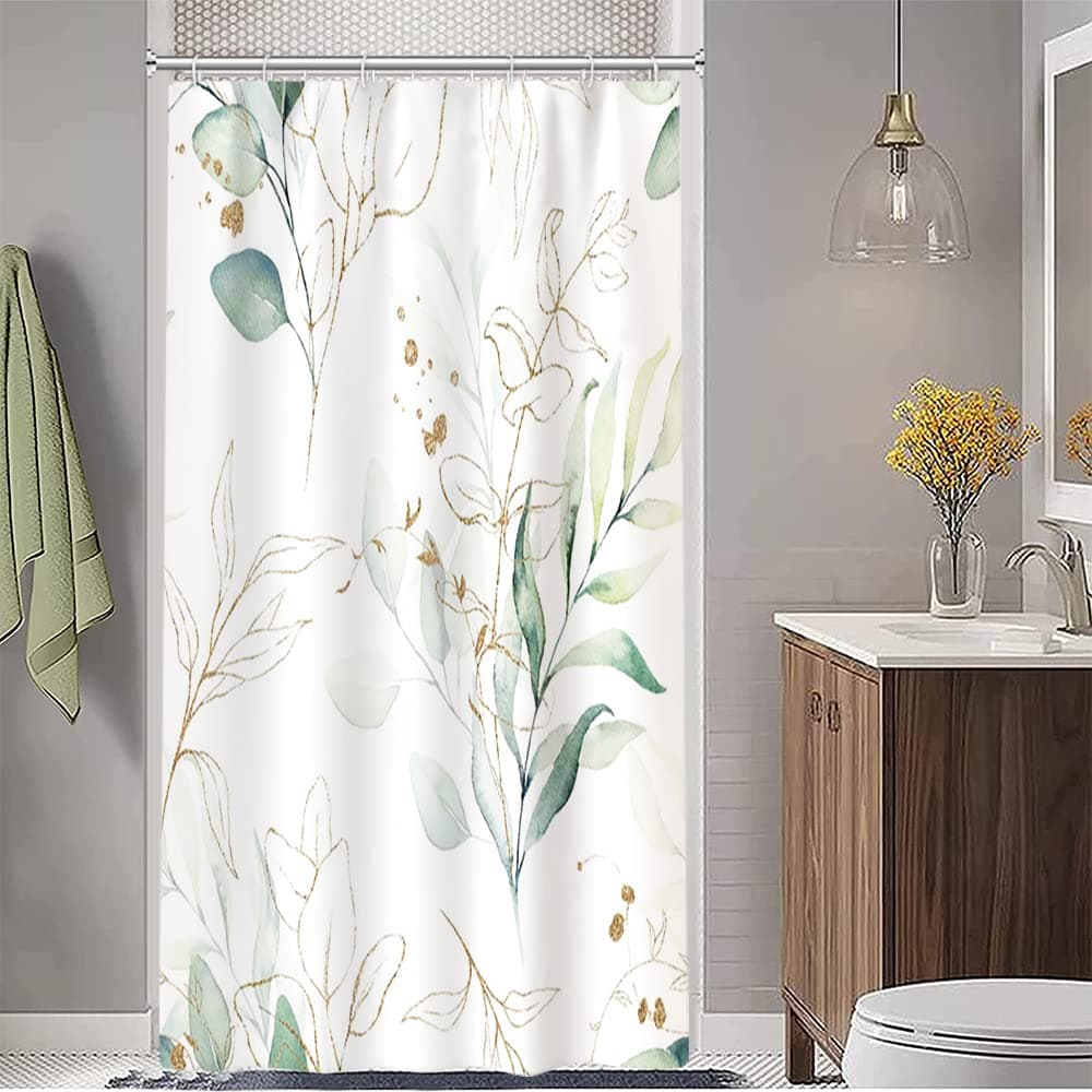Ruelvth Stall Shower Curtain Sage Green and Gold Eucalyptus Small Shower Curtain Set Waterproof Fabric Half Narrow Bathroom Decor with Hooks 36x72 Inch