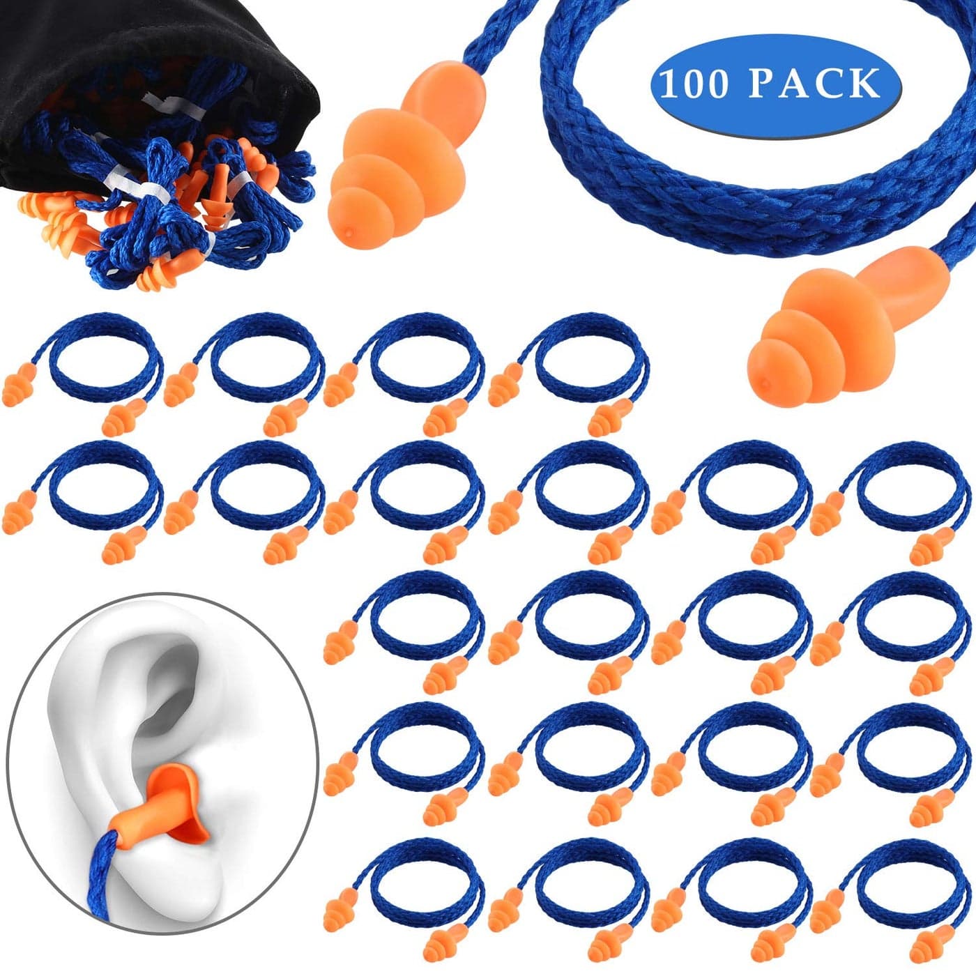 100 Pairs Corded Ear Plugs Silicone Noise Reducing Blocking Cancelling Soft Reusable Rubber Hearing Protection Earplugs for Sleeping Swimming Snoring Sports Racing