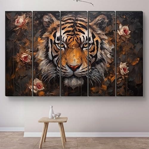 Livin'luxe 5 Panel Fierce Tiger Wall Art | Majestic Animal Portrait with Rose Flowers | Bold Brush Texture Framed Painting for Living Room, Office, Lounge & Study Décor (50 x 30 Inch) XL-35408