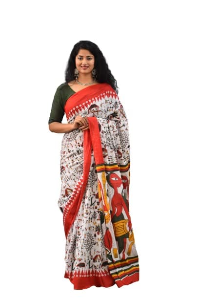JALTHER Handicrafts Women's Ikat Hand Block Print Jaipuri Cotton Mulmul Saree with Blouse Piece - Red_164