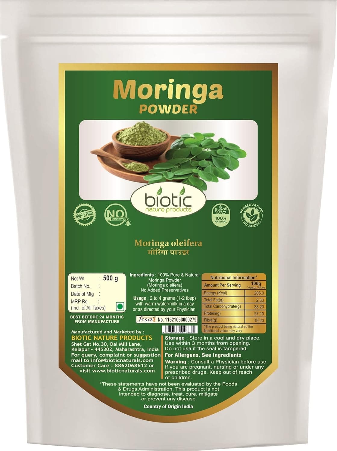 Biotic Natural Moringa Leaf Powder Moringa Oliefera for Eating Hair 500 gm