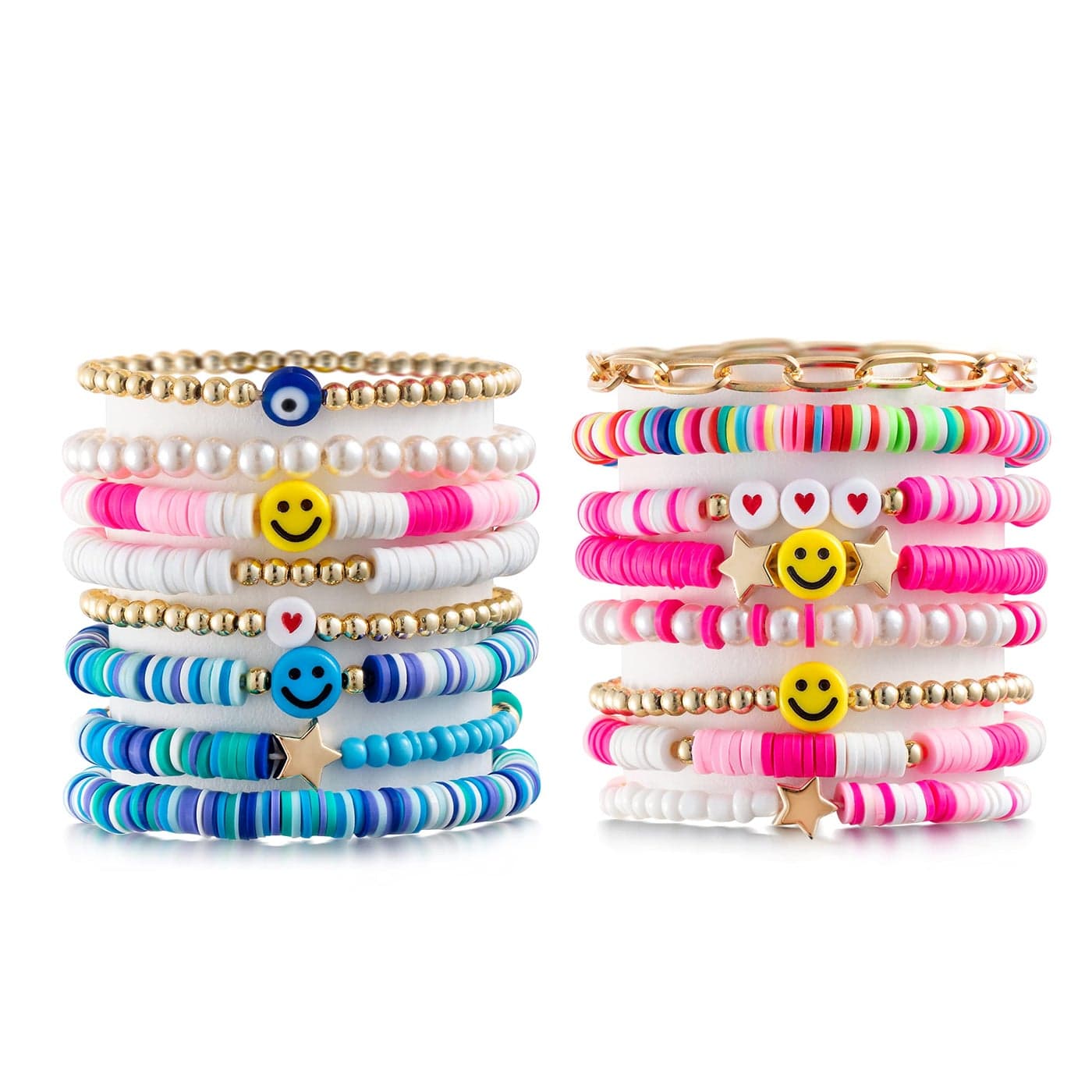 LieToi 16Pcs Preppy Heishi Bracelets Set Colorful Smile Heart Star Evil Eye Beaded Polymer Clay Pearl Stackable Charm Y2K Summer Beach Bohemian Layering Bracelets Jewelry for Women Teens
