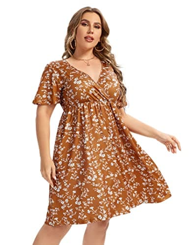 Plus Size Casual Dress Women's V Neck A-Line Knee Length Wrap Dress Swing Dresses Plus Size A Line Party Mini Dress yellowf 3X-Large