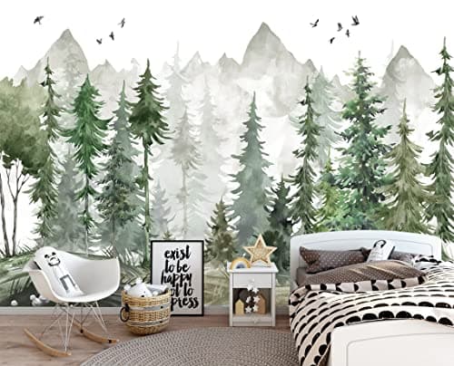 MFWFM Green Forest Wall Mural Watercolor Woodland Wallpaper for Nursery Room (Not Peel n' Stick)