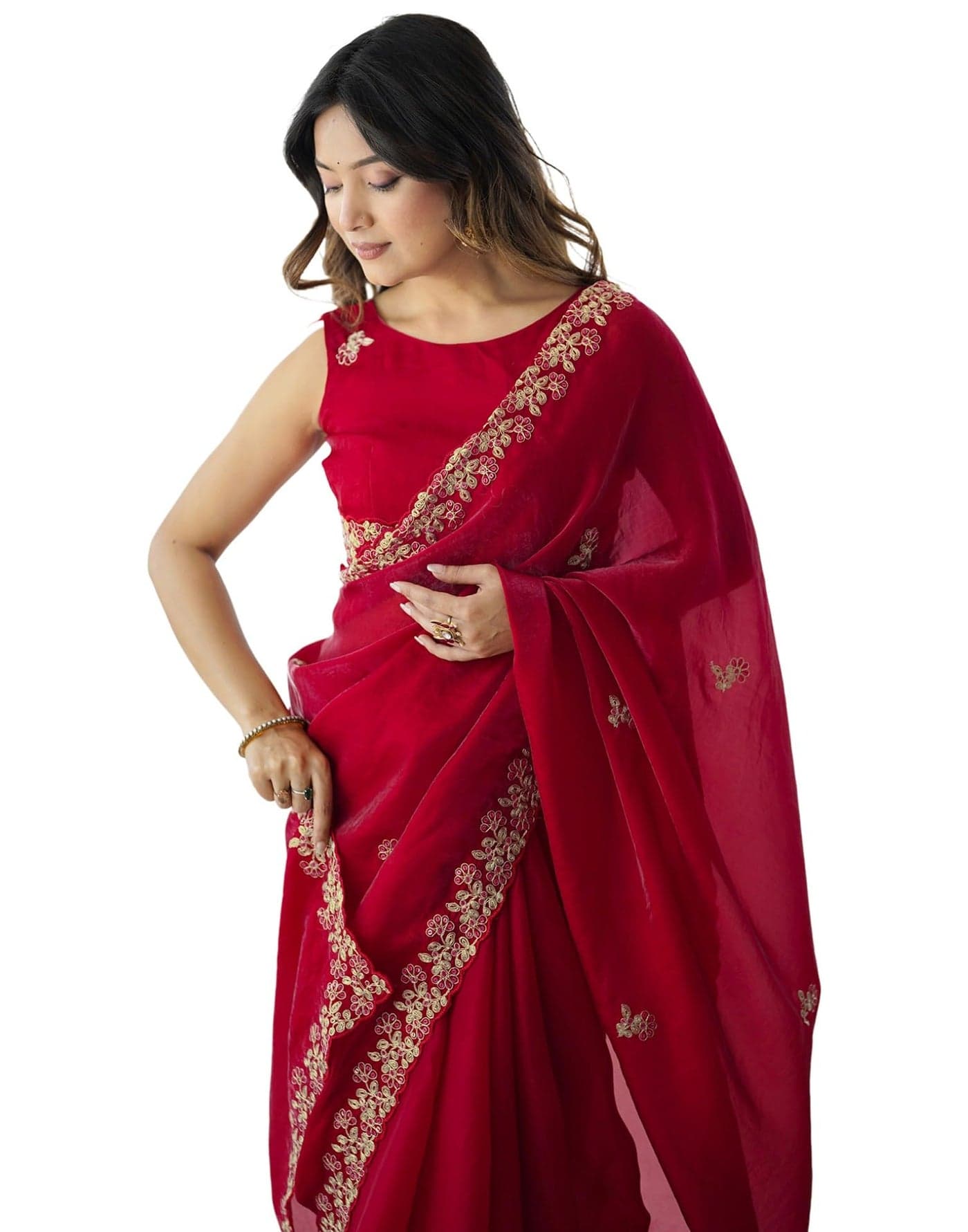 SIRIL Women's Tissue Silk Sequence Embroidery Scalloped Border Saree with Unstitched Blouse Piece (4534S6887_Red)