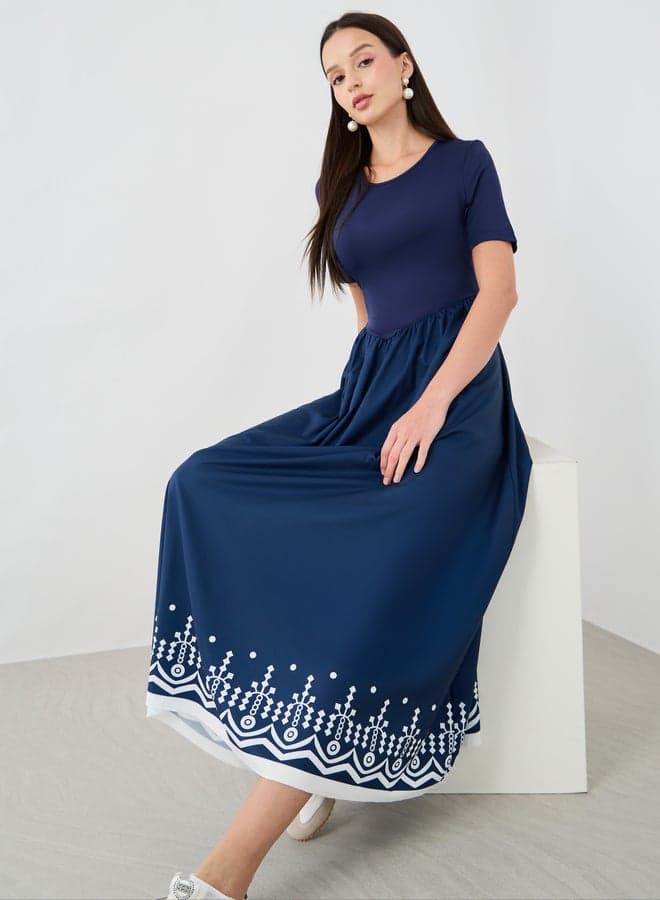 Navy Printed Maxi Dress — M