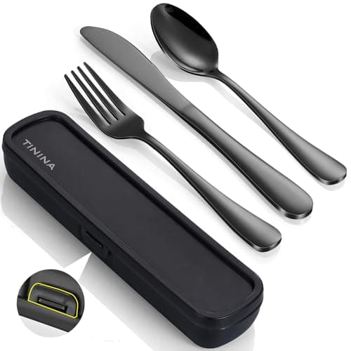 Travel Utensils with Case 4Piece Stainless Steel Portable Cutlery Set Reinforced Case with Buckle Design Lunch Box for Camping Work School Include Fork Spoon Knife Dishwasher Safe Black