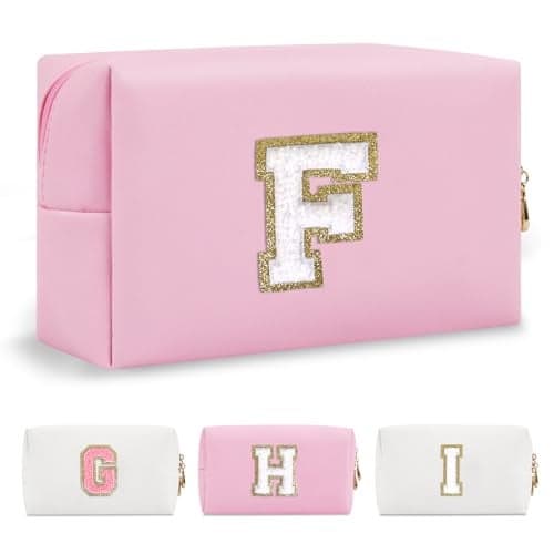 Personalized Initial A-Z Preppy Patch Makeup Bag,Small PU Chenille Letter Cosmetic Bag with Zipper for Teen Girls,Pink Cute Toiletry Organizer Bag,Monogram Makeup Case Gift for Women Girls,Letter F