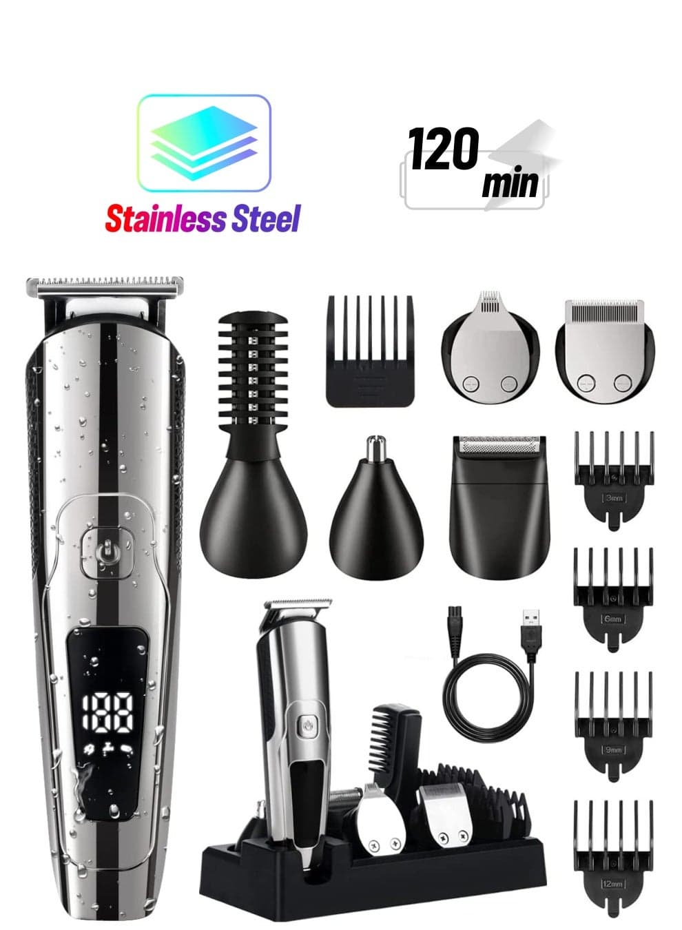 Beard Trimmer for Men Electric Hair Clipper Cordless Mens Grooming 6 in 1 Kit, Hair Trimmer Mustache Trimmer Nose Hair Trimmer Foil trimmer with Blade Waterproof USB Rechargeable LED Display