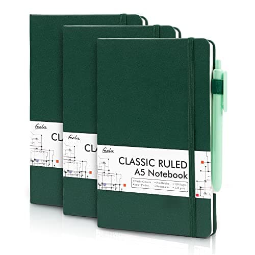 feela 3 Pack Notebooks Journals Bulk with 3 Black Pens, A5 Hardcover Notebook Classic Ruled Lined Journal Set with Pen Holder for Work Business Journaling Note Taking, 120 GSM, 5.1”x8.3”, Dark Green