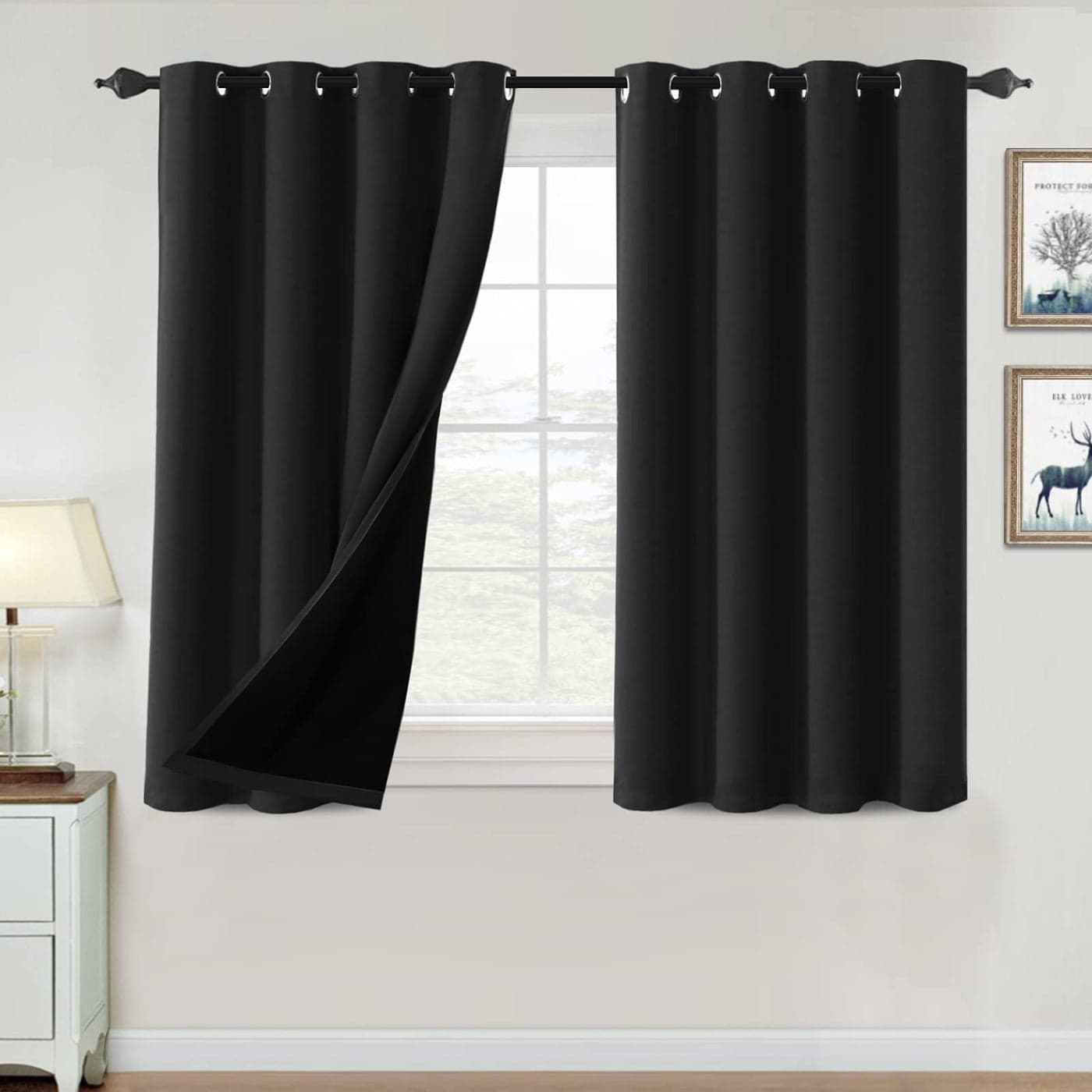HVERSAILTEX 100 Blackout Curtains for Bedroom Thermal Insulated Blackout Curtains 45 inch Length Full Light Blocking Window Drapes for Living Room with Black Liner 2 Panels Set Jet Black