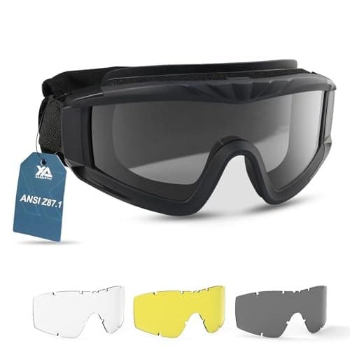 xaegistac Airsoft Goggles, ANSI Z87.1 Certified Tactical Safety Goggles Anti Fog Military Eyewear with 3 Interchangable Lens for Paintball Riding Shooting Hunting Cycling (Black)