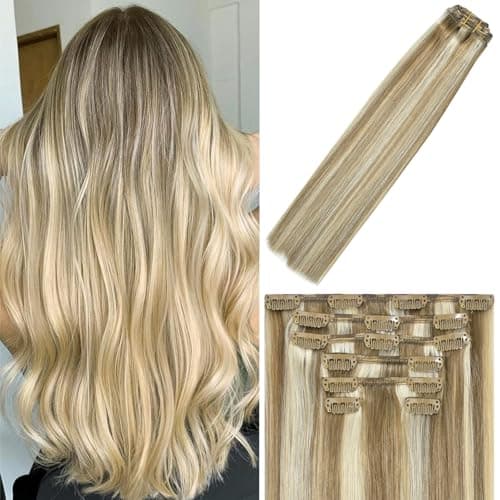 WindTouch Clip in Hair Extensions Real Human Hair Balayage Mixed Bleach Blonde Hair Extensions 15Inch 70g 7PCS Highlights Straight Blonde Clip in Hair Extensions for Women
