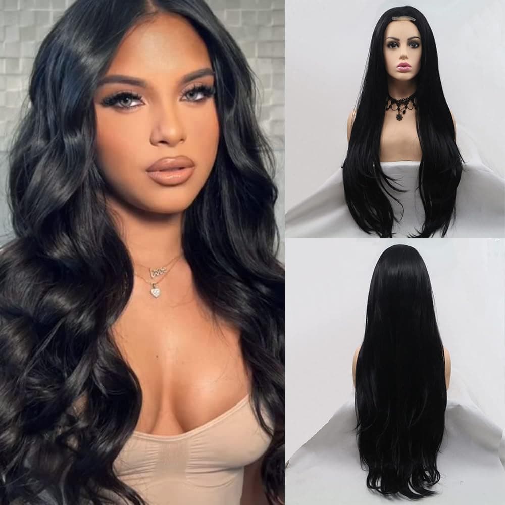 Xiweiya Black Wig Long 1b Black Wavy Sytnhetic Lace Front WigsMiddle Part Natural Looking Black Curly Hair Wig Heat Resistant 180 Density Hairreplacement for Women 26inch