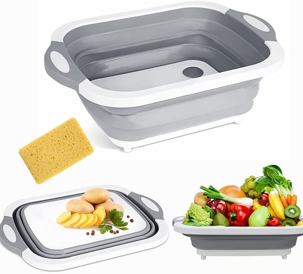 KIDINGTON Folding Cutting Board with Draining Plug Colander Fruits Vegetable Washable Basket MultiFunction Collapsible Cutting Board