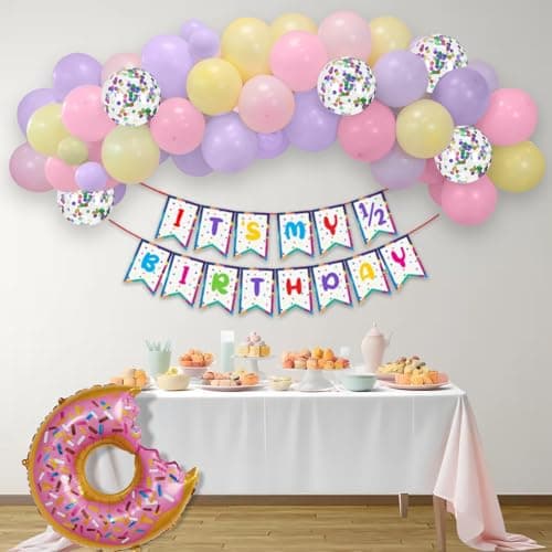 Party Propz Half Birthday Decorations For Baby Girl - 54Pcs 1/2 Birthday Decorations For Girls, Happy Half Birth day Banner, Donut Foil Balloon, Pastel Balloons for Decoration (Cardstock)