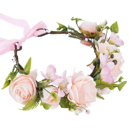 KorViSHOW Pink Flower Crown Headband Artificial Rose Floral Headpiece Adjustable Fairy Flower Headband for Women Girls Renaissance Birthday Bride Wedding Festivals Party Hair Accessories