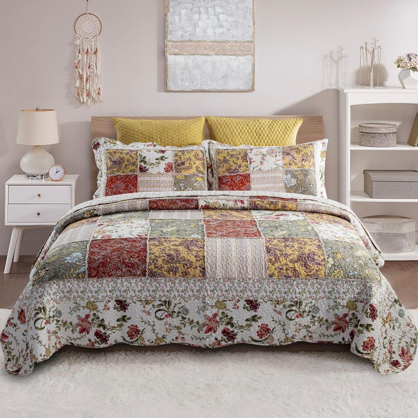 YAYIDAY Oversized King Bedspread Patchwork Quilt Set 120x118 Inch 100 Cotton Reversible Breathable Red Multicolor Quilted Coverlet with Pillow Shams for All Seasons