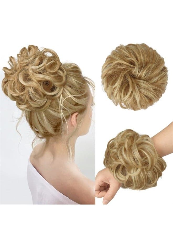 Messy Bun Hair Piece Curly Wavy Large Hair Bun Scrunchies Extensions Synthetic Strawberry Blonde & Bleach Blonde Tousled Updo Hairpieces for Women Girls