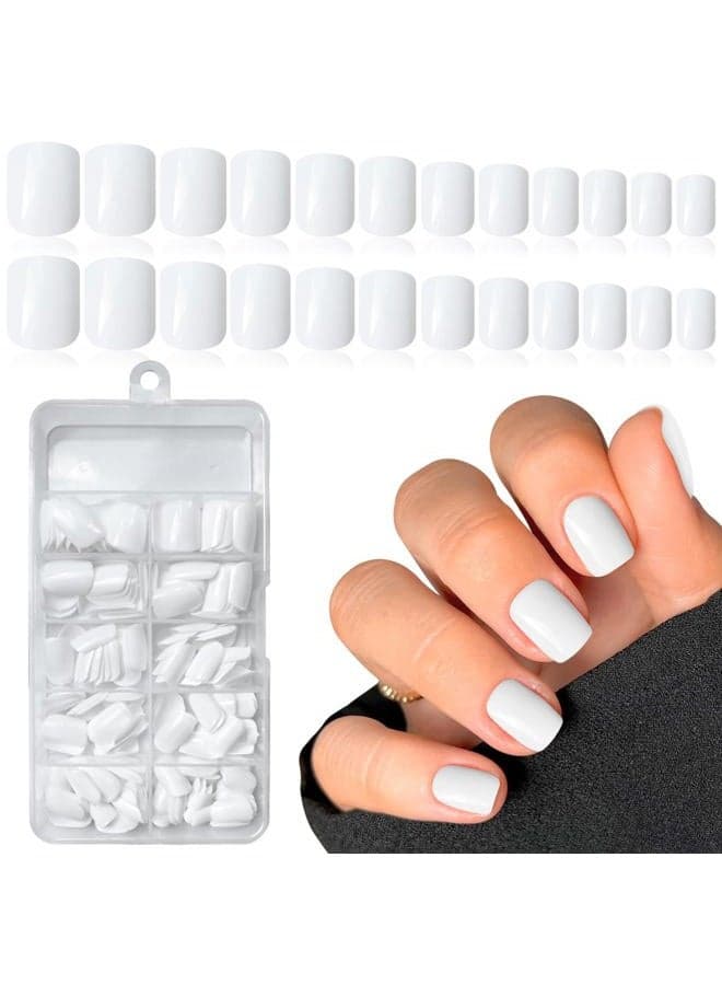 Short Press on Nails 240pc Glossy White Press on Nails Short Square Round Fake Nails Full Cover 10 Sheets Nail Adhesive Tabs,Small Wooden Sticks and Nail Files False Nails for Women