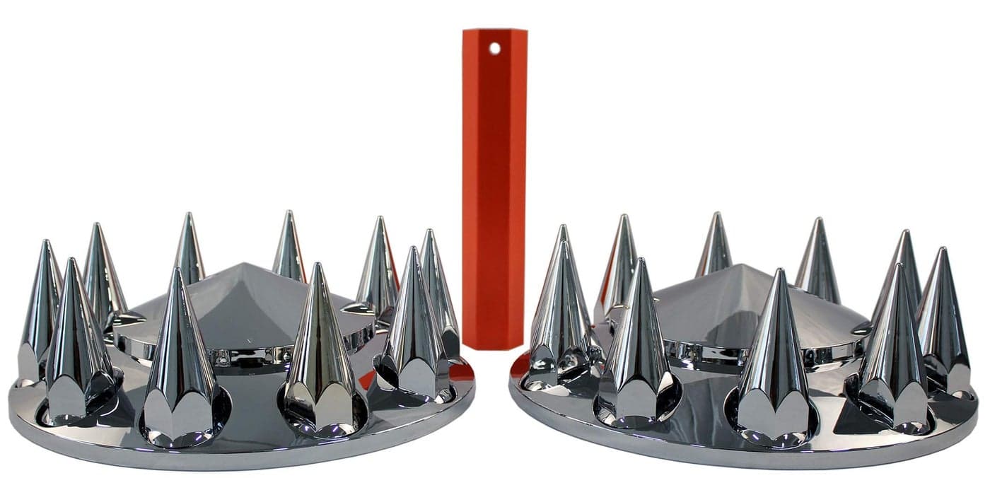 MRJLK Chrome ABS Complete Axle Cover Set with Hub Caps and 33mm Screw-On Spiked Lug Nut Covers for Semi Trucks (2 Front)
